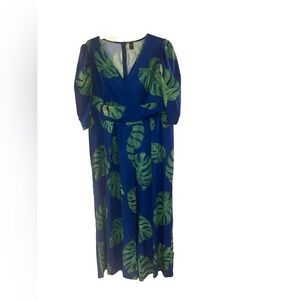 Shein Curve 2XL Tropical Jumpsuit – Blue & Green Monstera Print